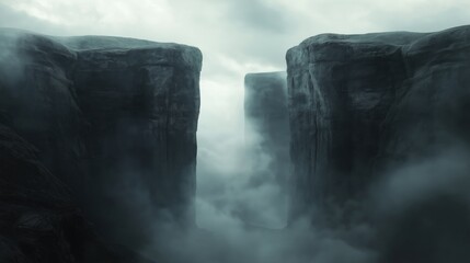 A dramatic scene of a deep canyon with sheer dark cliffs and thick fog.