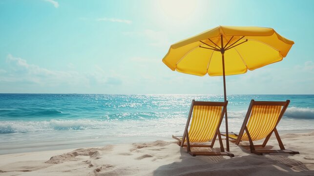 Two bright yellow beach chairs and a matching umbrella on a sandy shore, overlooking the calm blue ocean on a sunny day.