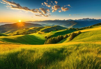 Naklejka premium stunning panoramic views showcasing lush rolling hills vibrant green fields under clear blue sky, agriculture, landscape, scenic, greenery, natural, scenery
