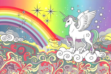 Obraz premium A rainbow backdrop featuring a unicorn with wings and stars. soft-colored sky.