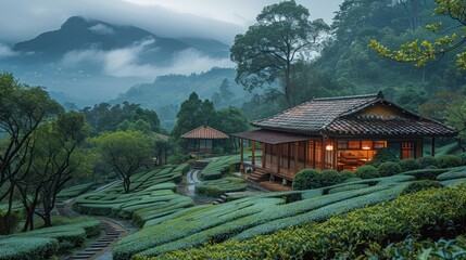 Tranquil green tea fields nestled at the foothills of a majestic mountain on a sunny afternoon. Generative AI