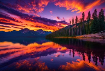 vibrant sunset reflected tranquil mountain lake colorful skies calm waters, reflection, sky, nature, landscape, evening, scenery, horizon, clouds, light