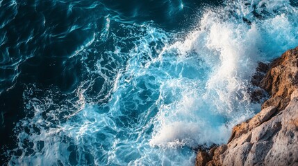 Ocean sea wave splash on rocky shore, lot of foam, dark blue water 