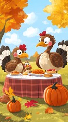 Fototapeta premium Turkey on Table with Halloween Pumpkins, Cartoon, Drawing, Abstract Image, Texture, Pattern Background, Wallpaper, Cover and Screen for Smartphone, PC, Laptop, 9:16 and 16:9 Format