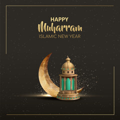 Happy muharram islamic new year card design with golden lantern and crescent moon