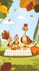 Naklejka premium Turkey on Table with Halloween Pumpkins, Cartoon, Drawing, Abstract Image, Texture, Pattern Background, Wallpaper, Cover and Screen for Smartphone, PC, Laptop, 9:16 and 16:9 Format