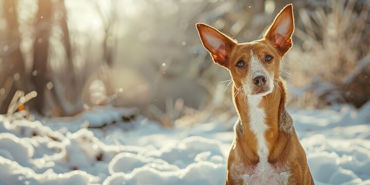Obese Podenco Maneto in a Winter Recreation Area