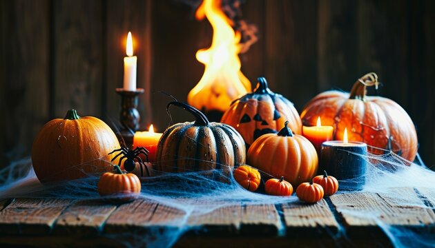 A wooden table with Halloween decorations including pumpkins, candles and more. all objects are shrouded in cobwebs. There is a fire in the background