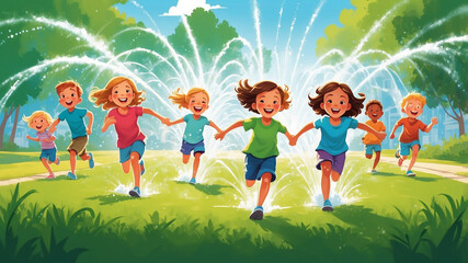 Obraz premium children running through a sprinkler on a hot summer day. bright sunlight, green grass, and the children’s laughter as they playfully splash through the water.