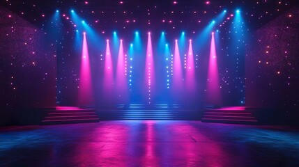 A beautiful stage lit by a spotlight with laser beams and a colorful concert stage