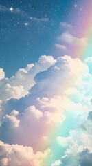 Fototapeta premium Blue Sky with Clouds and Rainbow, Abstract Image, Texture, Pattern Background, Wallpaper, Cover and Screen for Smartphone, PC, Laptop, 9:16 and 16:9 Format