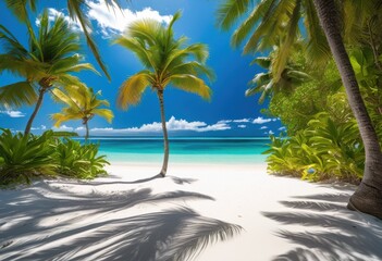 Obraz premium tropical beach paradise featuring vibrant crystal clear waters lush greenery under bright blue skies, sky, sun, sand, ocean, coast, palm, island, summer