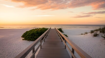 Fototapeta premium A long boardwalk leading to a white sand beach and the ocean at sunset. The boardwalk is lined with a few shrubs on each side. The sky is filled with warm hues of orange and pink.