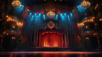 Magical circus stage festive background with glittering lights and whimsical details