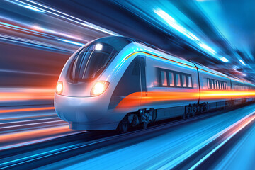 Fototapeta premium Modern high-speed train traveling through a vibrant urban landscape at night