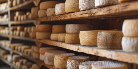 Storage racks stocked with maturing cheese wheels, with space for additional items.