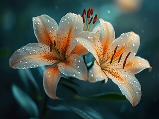 Close-up of Delicate White and Orange Lilies with Dew Drops