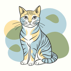 Cute sitting cat with a calm expression on a colorful abstract background, vector