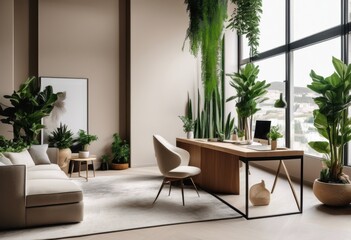 elegant minimalist office featuring nature inspired decor elements natural simple design aesthetic, accessories, ambiance, art, clean, contemporary