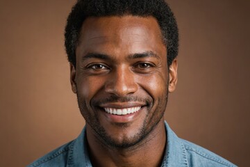 Obraz premium Full framed very close face portrait of a smiling 40s african american man with brown eyes looking at the camera, studio shot,brown background.