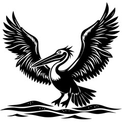 Pelican Silhouette Wings Spread for a Water Landing