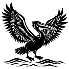 Pelican Silhouette Wings Spread for a Water Landing