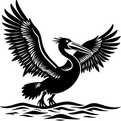Pelican Silhouette Wings Spread for a Water Landing