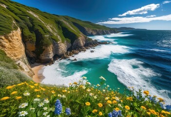 Fototapeta premium vibrant coastal scenery featuring impressive wave lush clear blue skies creating stunning natural landscape, beach, coastline, waves, ocean, shoreline