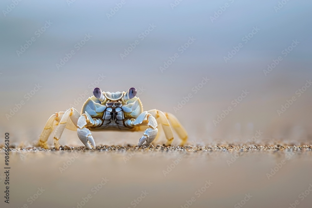 Aufkleber a close-up view of a tiny crab walking on a sandy beach during early morning light at a coastal loca