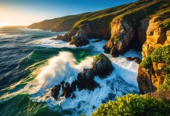 Fototapeta premium breathtaking sea waves crashing rugged coastlines surrounded vibrant blue skies lush greenery, beach, landscape, scenery, shore, rocky, water, foam, beauty