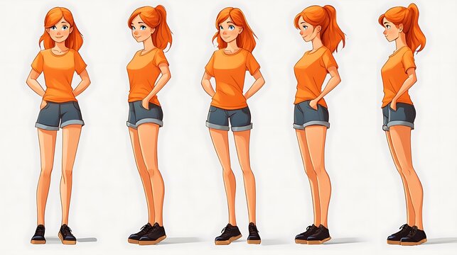 Female character sprite sheet, anime style, front, back, side view