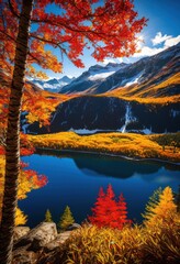Obraz premium vibrant autumn foliage showcasing stunning mountain views colorful landscape, trees, leaves, nature, beauty, season, bright, scenic, orange, yellow, red