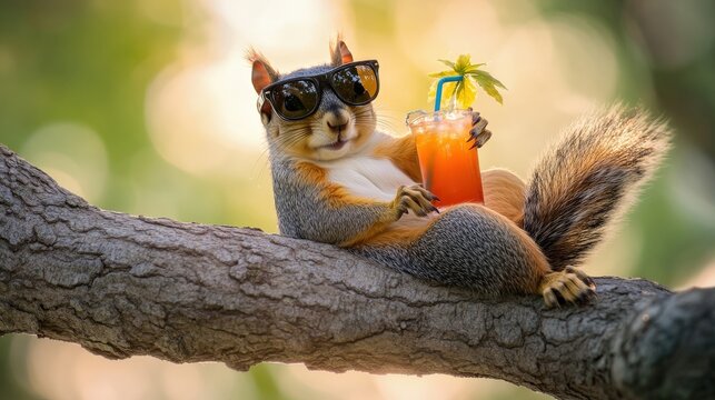 A relaxed squirrel sits comfortably on a tree branch, wearing stylish sunglasses and enjoying a vibrant drink, highlighting a perfect sunny day in the park