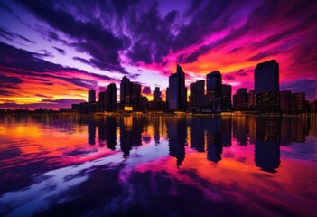 Obraz premium vibrant sunset skyline displaying bold contrasts colors shapes twilight sky, cityscape, horizon, buildings, clouds, evening, silhouette, architecture