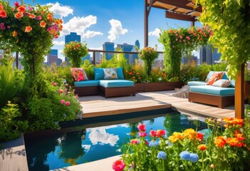 vibrant rooftop gardens showcasing lush colorful serene water features tranquil urban escape, balcony, greenery, flowers, landscape, plants, decor