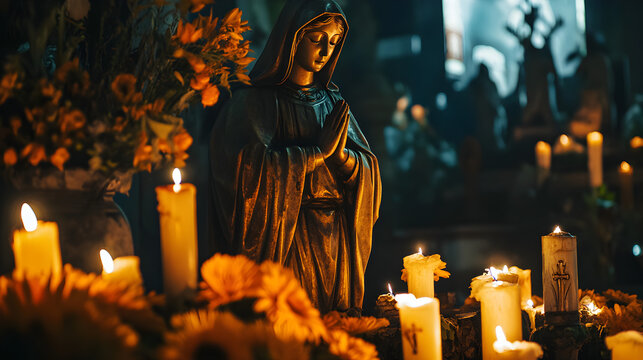 un bulto de la virgen dentro de una iglesia con veladoras encendidas y ornamentos haciendo referencia a la oracion y al tradicional dia de todos los santos