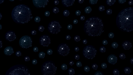 Dark background made of 3d spheres, lights, reflections and lens effects