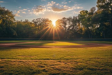 Golden hour light envelops a peaceful baseball field covered in morning mist, showcasing serene nature at sunrise with soft grass and earthy textures