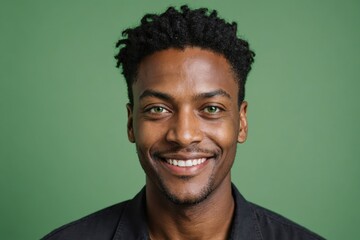 Fototapeta premium Full framed very close face portrait of a smiling 40s black non binary with green eyes looking at the camera, studio shot,green background.