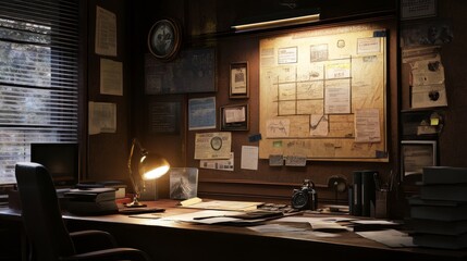 Detective office interior with evidence board on wall 