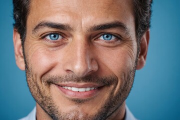 Obraz premium Full framed very close face portrait of a smiling 40s latin man with blue eyes looking at the camera, studio shot,blue background.