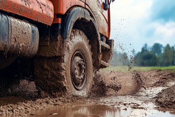 Close up of a truck struggling in mud with spinning wheels, capturing the challenge of off roading