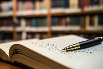 Naklejka premium Ink pen writing on book with a library background a conceptual image of an author s inspiration