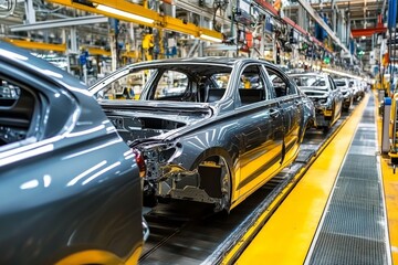 Obraz premium Efficient mass production assembly line for modern automobile manufacturing and innovation