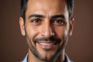 Obraz premium Full framed very close face portrait of a smiling 40s arabic man with brown eyes looking at the camera, studio shot,brown background.
