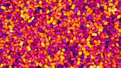 Closeup top view of colorful mixed plastic polypropylene granules, masterbatch polymer grain. HDPE or PVC resin pellets. 3d render illustration