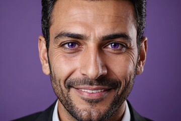 Fototapeta premium Full framed very close face portrait of a smiling 40s arabic man with violet eyes looking at the camera, studio shot,violet background.