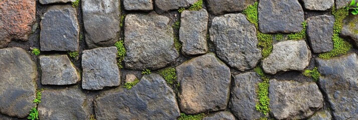 Rough stone pavement texture with worn surfaces and moss growing between