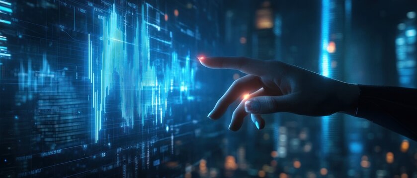 Advanced Financial Technology Digital Screen Interface with Holographic Market Data with Holographic Cityscape Background. - Powered by Adobe