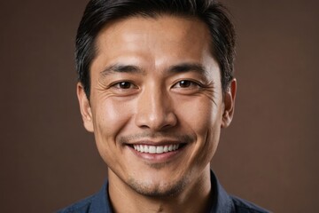 Obraz premium Full framed very close face portrait of a smiling 40s asian man with brown eyes looking at the camera, studio shot,brown background.